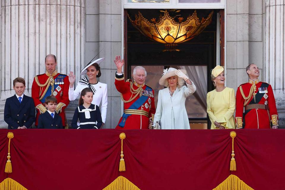 <p>HENRY NICHOLLS/AFP via Getty</p> The British royal family on the Buckingham Palace balcony at Trooping the Colour on June 15, 2024