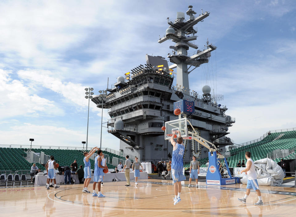 CORONADO, CA - NOVEMBER 11: David Dupont #22 of the North Carolina Tar Heels shoots a jumper in practice during the Quicken Loans Carrier Classic on board the USS Carl Vinson on November 11, 2011 in Coronado, California. (Photo by Harry How/Getty Images)