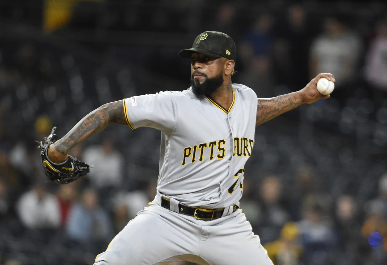 SAN DIEGO, CA - MAY 17: Felipe Vazquez #73 of the Pittsburgh Pirates during a baseball game against the San Diego Padres at Petco Park May 17, 2019 in San Diego, California.  (Photo by Denis Poroy/Getty Images)