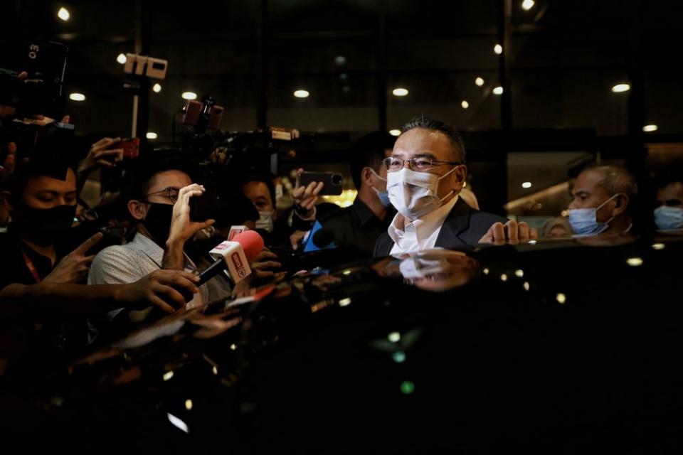 Barisan Nasional treasurer-general Datuk Seri Hishammuddin Hussein leaves Menara Dato' Onn after the supreme council meeting December 8, 2020. — Picture by Ahmad Zamzahuri