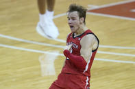 Texas Tech guard Mac McClung celebrates his winning basket in the final seconds of the team's NCAA college basketball game against Texas, Wednesday, Jan. 13, 2021, in Austin, Texas. Texas Tech won 79-77. (AP Photo/Eric Gay)