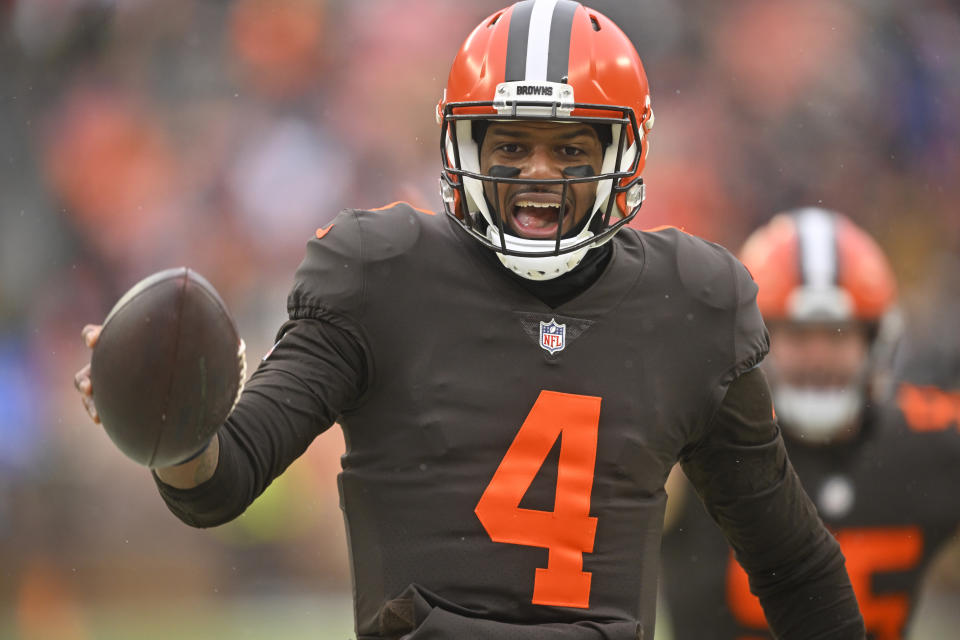 Cleveland Browns quarterback Deshaun Watson (4) reacts after his 12-yard rushing touchdown during the first half of an NFL football game against the New Orleans Saints, Saturday, Dec. 24, 2022, in Cleveland. (AP Photo/David Richard)