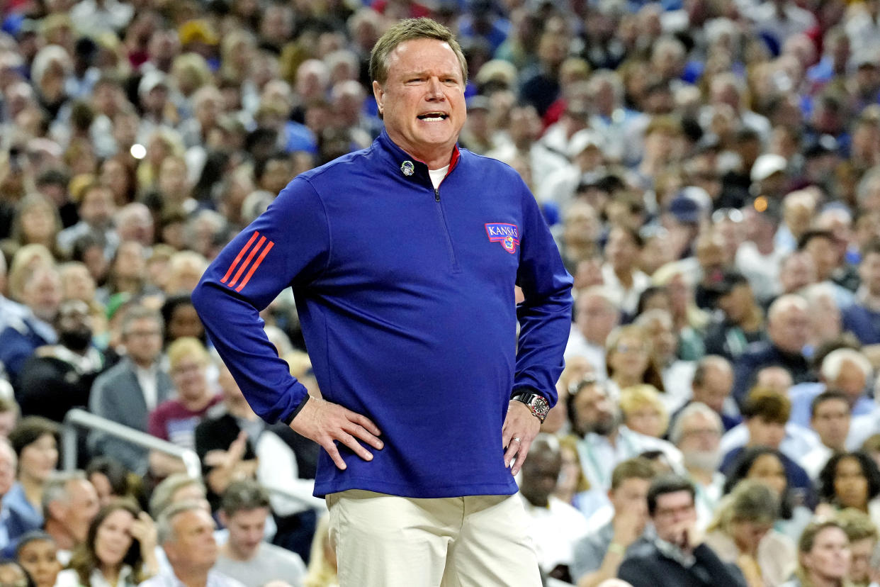 Apr 4, 2022; New Orleans, LA, USA; Kansas Jayhawks head coach Bill Self rests during the first half against the North Carolina Tar Heels during the 2022 NCAA men's basketball tournament Final Four championship game at Caesars Superdome. Mandatory Credit: Robert Deutsch-USA TODAY Sports