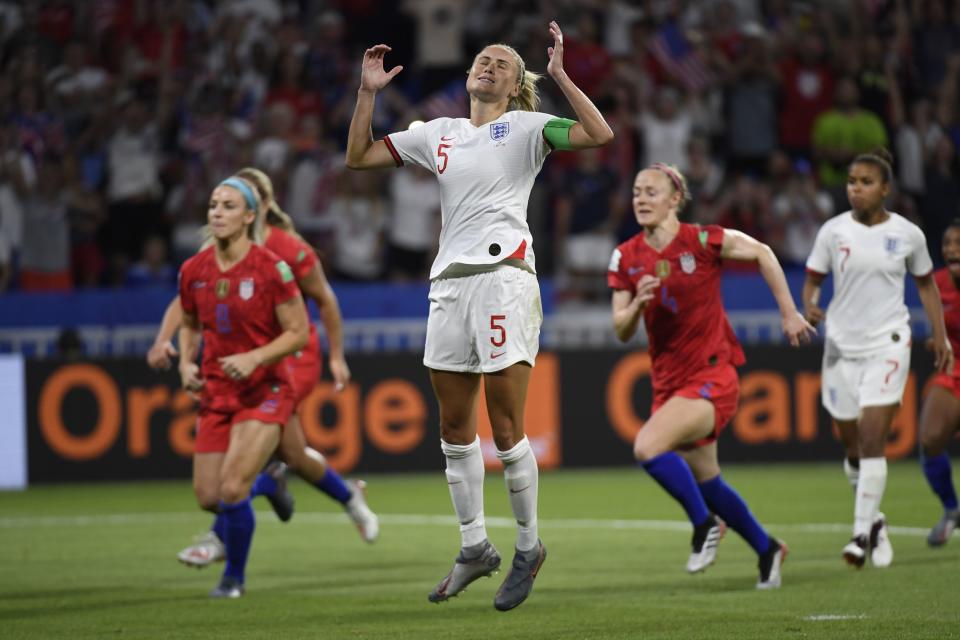 England's defender Steph Houghton reacts after missing a penalty kick during the France 2019 Women's World Cup semi-final football match between England and USA, on July 2, 2019, at the Lyon Satdium in Decines-Charpieu, central-eastern France. (Photo by Philippe DESMAZES / AFP)        (Photo credit should read PHILIPPE DESMAZES/AFP/Getty Images)