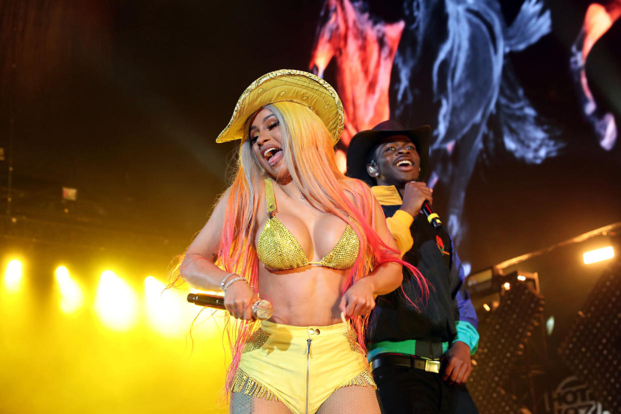 EAST RUTHERFORD, NJ - JUNE 02:  Cardi B (L) and Lil Nas X perform during Summer Jam 2019 at MetLife Stadium on June 2, 2019 in East Rutherford, New Jersey.  (Photo by Johnny Nunez/WireImage)