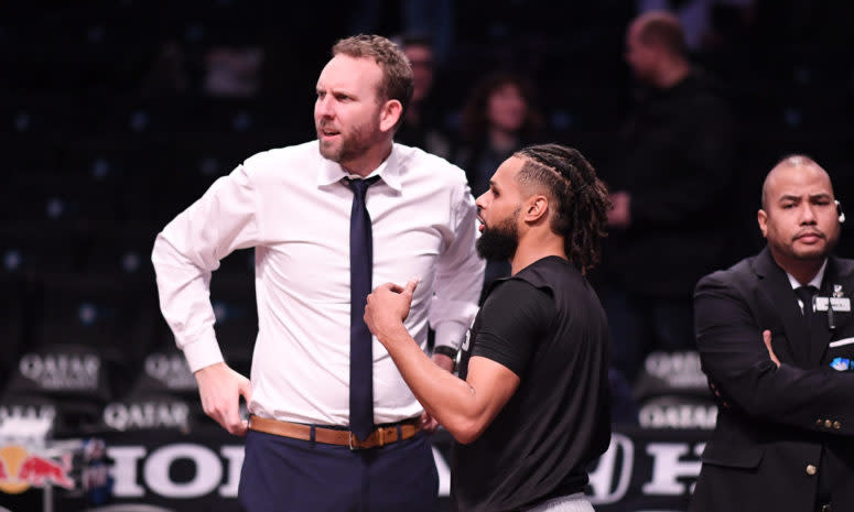 Spurs guard Patty Mills with former teammate and coach Sean Marks, the GM of the Brooklyn Nets.