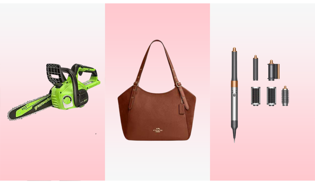 Greenworks chain saw, Coach purse, Dyson AirWrap on a pink background