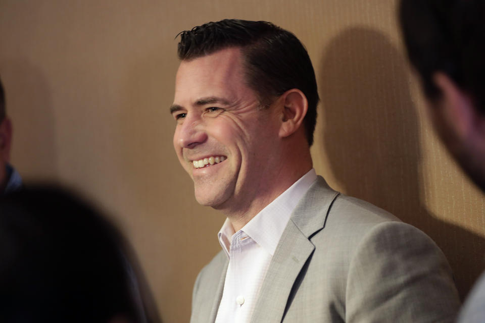 New York Mets general manager Brodie Van Wagenen speaks at a media availability during the Major League Baseball general managers annual meetings, Wednesday, Nov. 13, 2019, in Scottsdale, Ariz. (AP Photo/Matt York)