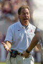 Alabama head coach Nick Saban yells at the referees during the first half of an NCAA college football game against Mississippi, Saturday, Sept. 28, 2019, in Tuscaloosa, Ala. (AP Photo/Vasha Hunt)