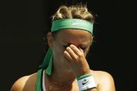 Belarus' Victoria Azarenka reacts during her quarter-final match against Germany's Angelique Kerber at the Australian Open tennis tournament at Melbourne Park, Australia, January 27, 2016. REUTERS/Issei Kato