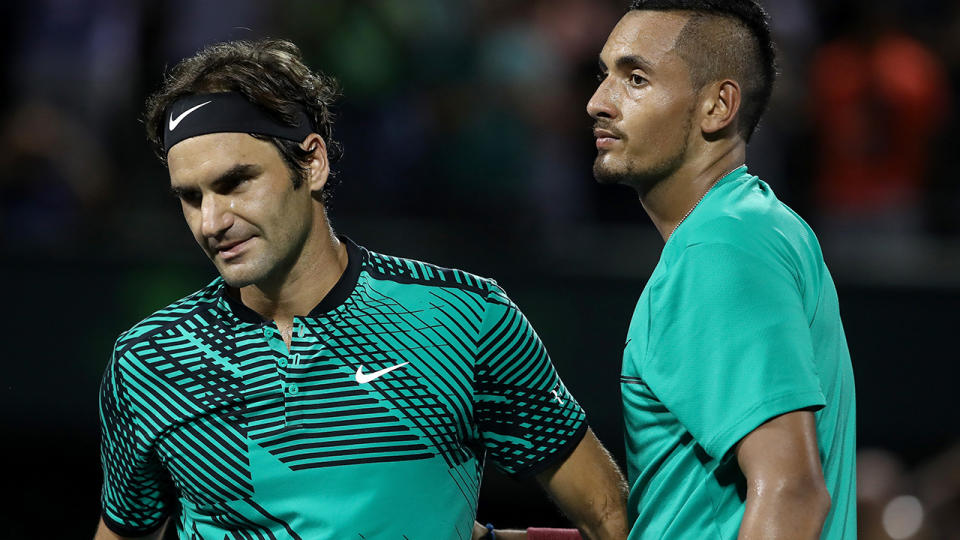 Roger Federer and Nick Kyrgios in 2017. (Photo by Julian Finney/Getty Images)