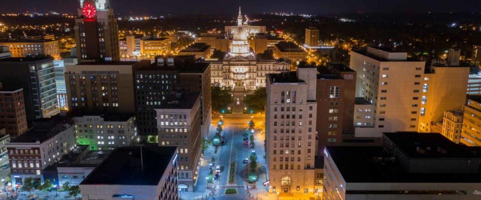 Lansing Michigan Downtown Night Aerial Photo