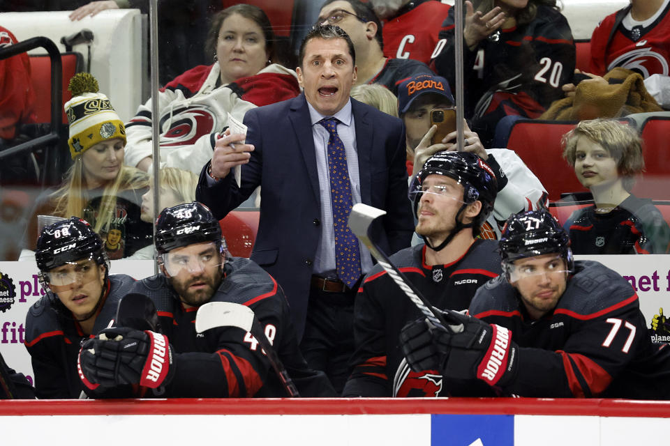 Carolina Hurricanes head coach Rod Brind'Amour protests a call during the first period of an NHL hockey game against the Chicago Blackhawks in Raleigh, N.C., Monday, Feb. 19, 2024. (AP Photo/Karl B DeBlaker)