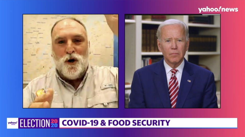 Chef José Andrés and Joe Biden during a Yahoo News Town Hall. (Screengrab via Yahoo News)