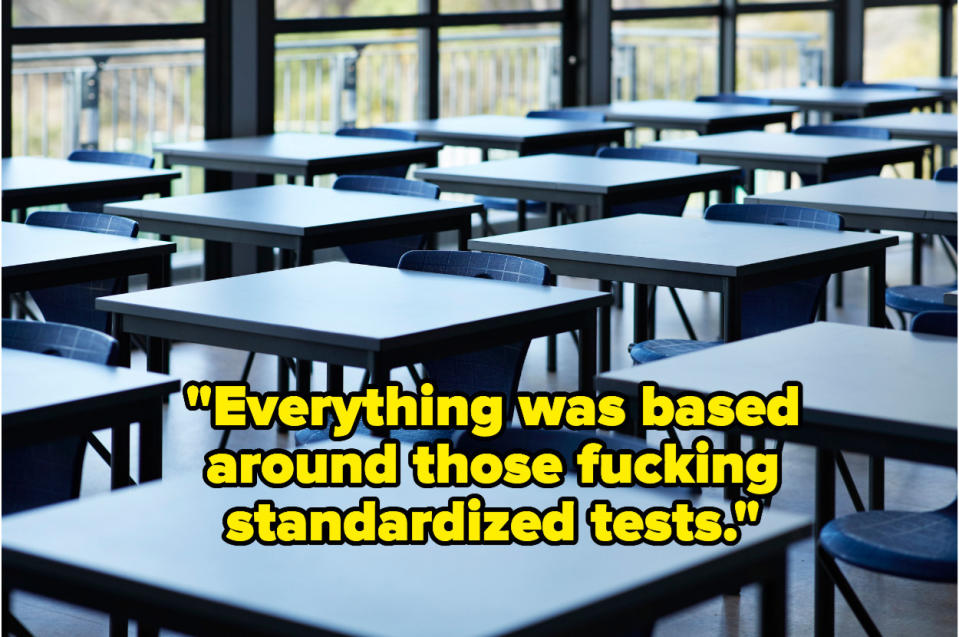 "Everything was based around those fucking standardized tests" over an empty classroom