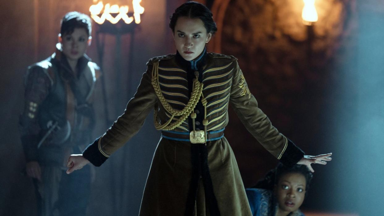  (L to R) Anna Leong Brophy as Tamar, Jessie Mei Li as Alina Starkov, Joanna McGibbon as Nadia in episode 204 of Shadow and Bone. 