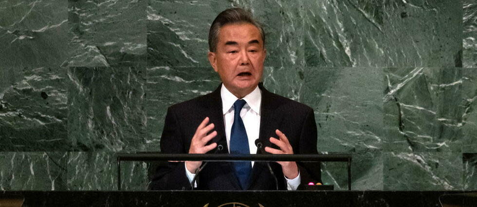 Le ministre chinois des Affaires étrangères Wang Yi lors de son discours devant l'ONU.  - Credit:YUKI IWAMURA / AFP