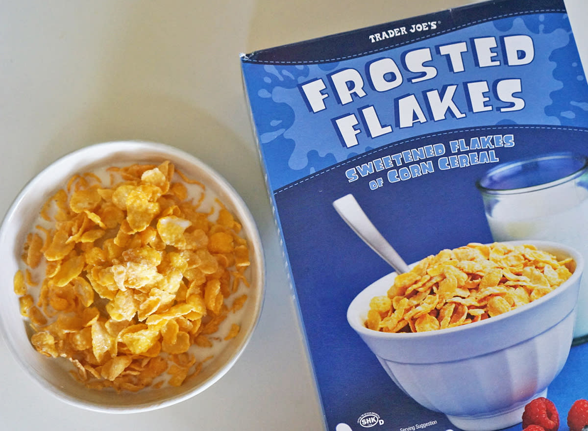 trader joe's frosted flakes box and bowl.