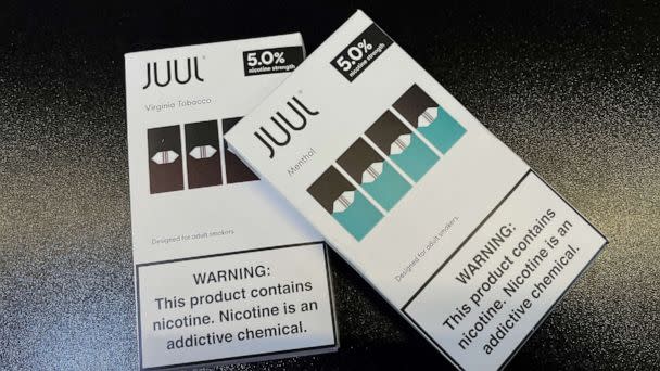 PHOTO: Juul e-cigarettes are seen on the counter of a vape store in Santa Monica, Calif., June 23, 2022.  (Lucy Nicholson/Reuters, FILE)