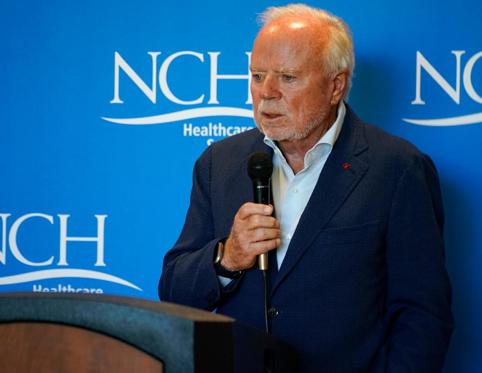 NCH Board Chair Scott Lutgert speaks during an event announcing a donation from the Richard M. Schulze Family Foundation for the heart center at NCH Baker Downtown Hospital in Naples on Wednesday, May 24, 2023.