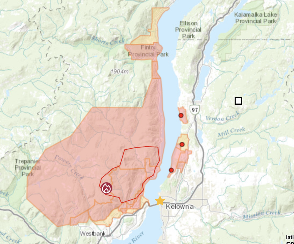 BC Wildfire Service map showing active fires and evacuation orders as of 1 p.m. PST
