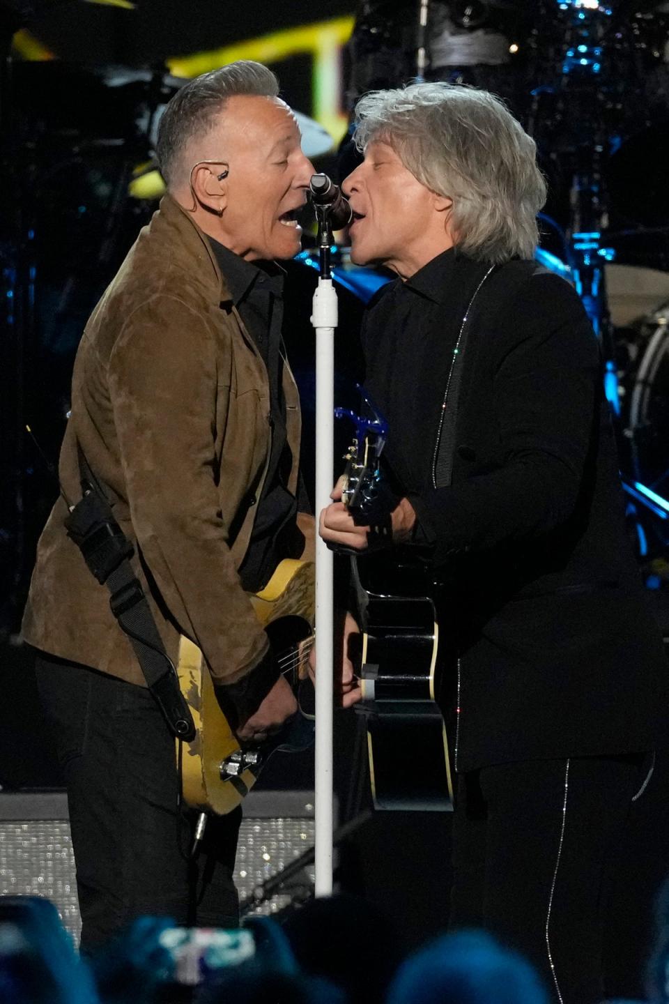Jon Bon Jovi and his one-time hero, now friend, Bruce Springsteen perform in February 2024 (Invision)