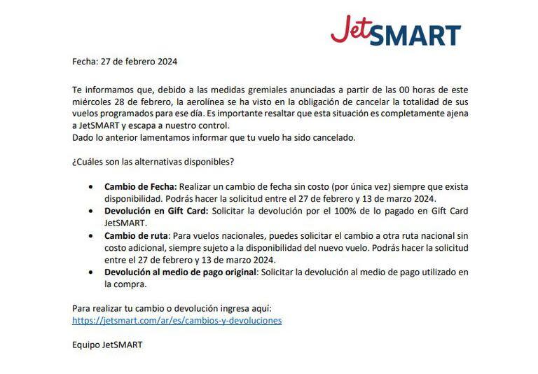 El comunicado que publicó JetSmart en su página web