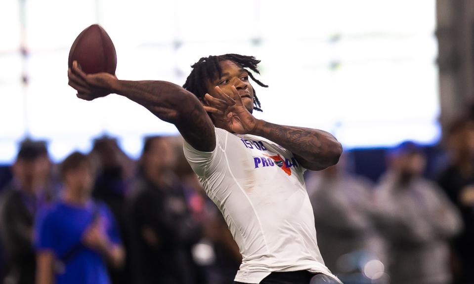 Florida Gators quarterback Anthony Richardson (15) passes during the 2023 NFL Pro Day held at Condron Family Indoor Practice Facility in Gainesville, FL on Thursday, March 30, 2023. Richardson will meet with six NFL teams. They are the Panthers, Colts, Titans, Raiders, Falcons and Ravens. [Doug Engle/Gainesville Sun]