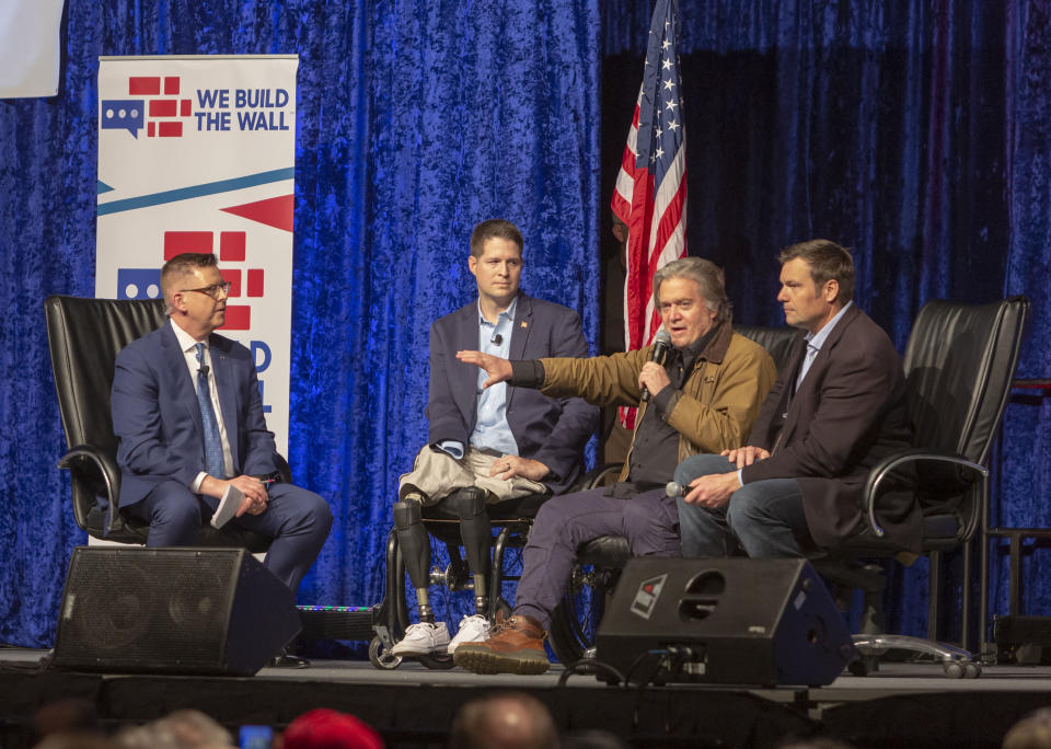 March 14, 2019 - Detroit, Michigan, U.S. - Detroit, Michigan USA - 14 March 2019 - Steve Bannon (second from right) and other immigration hard liners held an event in Detroit, Michigan on March 14, 2019 to promote "We Build the Wall," an organization that is trying to raise individual contributions to fund wall construction. With Bannon were former Kansas Secretary of State Kris Kobach (right), Brian Kolfage (second from left) who started a Go-FundMe page to raise funds to build the wall, and Neal McCabe of One America News Network. (Photo: Jim West/ZUMA Wire)