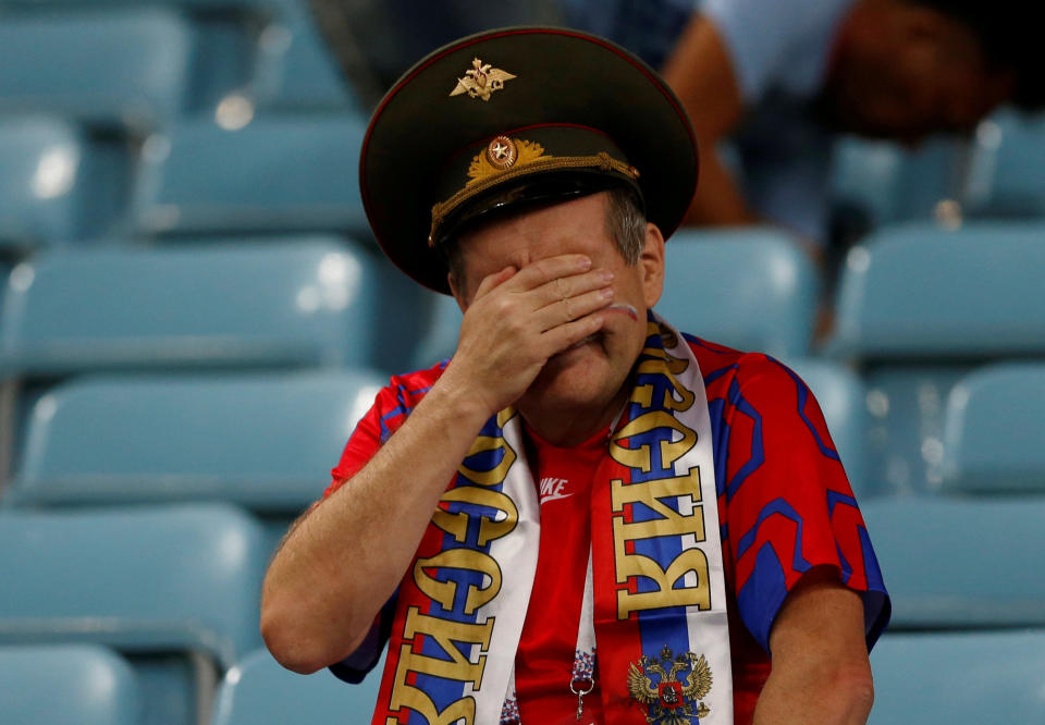 <p>A Russia fan cries after Russia’s loss in the quarterfinal match between Russia and Croatia at the 2018 soccer World Cup in the Fisht Stadium, in Sochi, Russia, Saturday, July 7, 2018. (Reuters) </p>