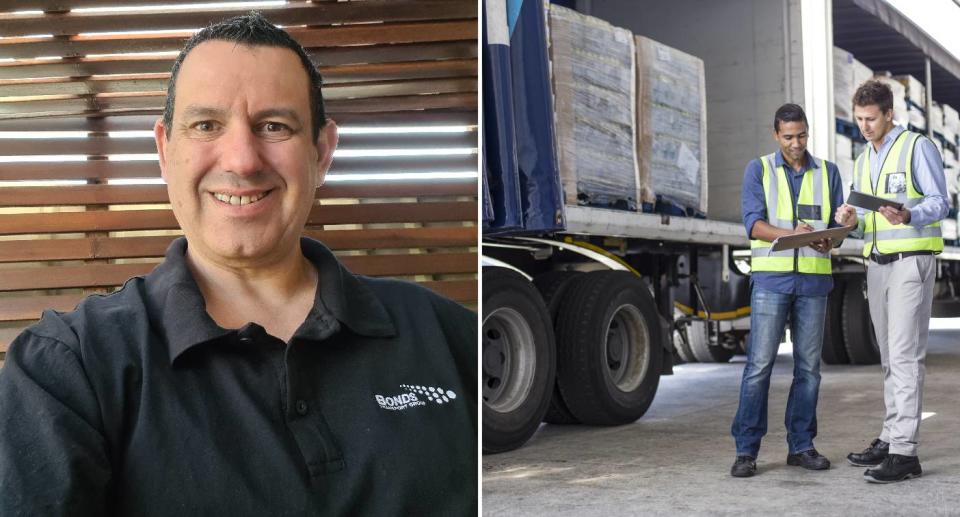 Mr Benchoam left, delivery drivers standing next to truck, right. Source: Sling & Stone (left, provided), Getty Images (right)