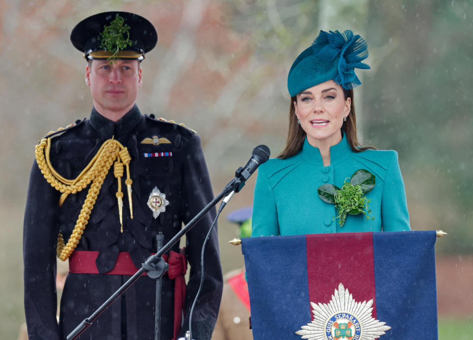 Prince William, Prince of Wales and Catherine, Princess of Wales on stage during the St. Patrick's Day Parade at Mons Barracks on March 17, 2023 in Aldershot, England. Catherine, Princess of Wales attends the parade for the first time as Colonel of the Regiment succeeding The Prince of Wales, the outgoing Colonel. (Photo by Chris Jackson - WPA Pool/Getty Images)