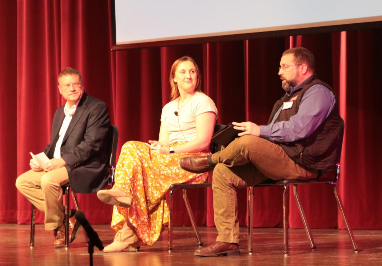 Local entrepreneurs, from left, Dave Vilhauer, (SD SportScene) Brianna Kusler (Kusler Klinics) and Cam Schock (Climate Control) each shared some thoughts on what it takes to start a business during a panel discussion at the Big Idea Contest Wednesday at the Johnson Fine Arts Center.