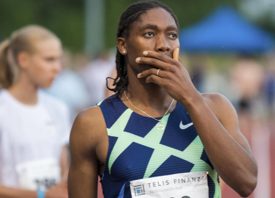 FILE - Caster Semenya reacts before the women's 5000 meter race in Regensburg, Germany, Saturday, June 19, 2021. Track and field banned transgender athletes from international competition Thursday, March 23, 2023, while adopting new regulations that could keep Caster Semenya and other athletes with differences in sex development from competing. (Stefan Puchner/dpa via AP, File)