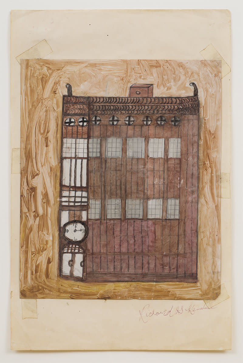 Richard Gordon Kendall (1930-‐‑199?) Untitled (Office Building with Clock)Crayola, ball point pen, felt tip, linseed oil, White-‐‑Out on plastic sheet, mounted11 x 17" Signed lower right Richard G Kendall