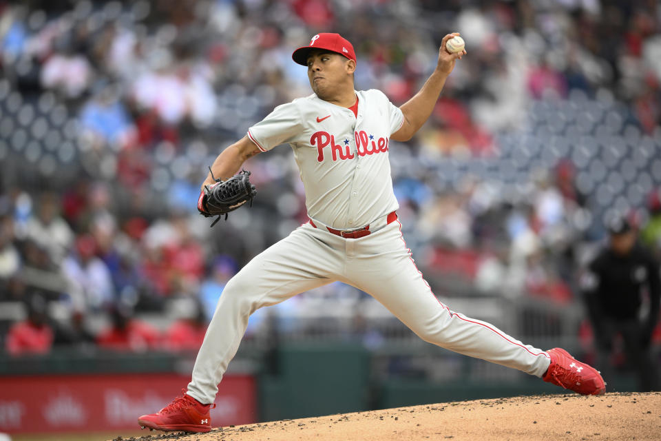 Philadelphia Phillies pitcher Ranger Suárez throws during the second inning of a baseball game against the Washington Nationals, Saturday, April 6, 2024, in Washington. (AP Photo/Nick Wass)