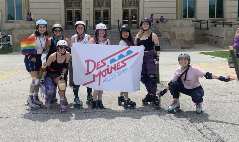 Des Moines Roller Derby made our debut in the Pride parade this year. That hill by the Capitol seems way steeper on skates!