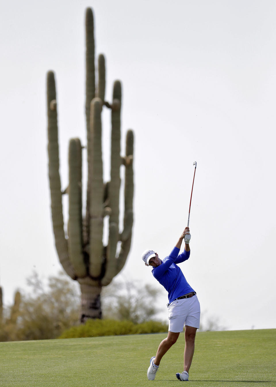 Carlota Ciganda hits from the fifth fairway during the final round of the Founders Cup LPGA golf tournament Sunday, March 24, 2019, in Phoenix. (AP Photo/Matt York)