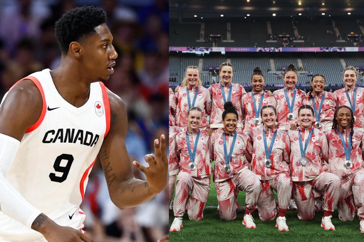 (left) RJ Barrett after a shot (right) team Canada women's rugby 7s with their silver medals