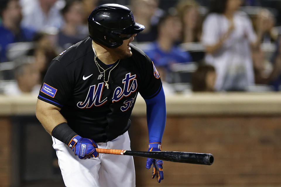 New York Mets designated hitter Daniel Vogelbach reacts after hitting a run-scoring single against the Seattle Mariners during the eighth inning of a baseball game Friday, Sept. 1, 2023, in New York. (AP Photo/Adam Hunger)