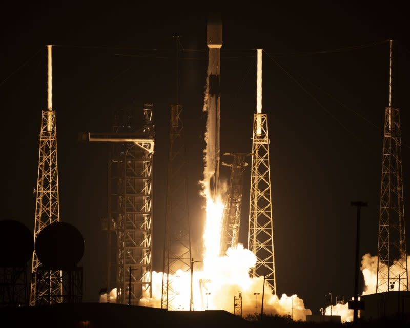 A SpaceX Falcon 9 rocket launches the Ovzon 3 satellite for the Swedish Internet provider from Launch Complex 40 at 6:04 p.m. from the Cape Canaveral Space Force Station, Fla., on Wednesday. Photo by Joe Marino/UPI