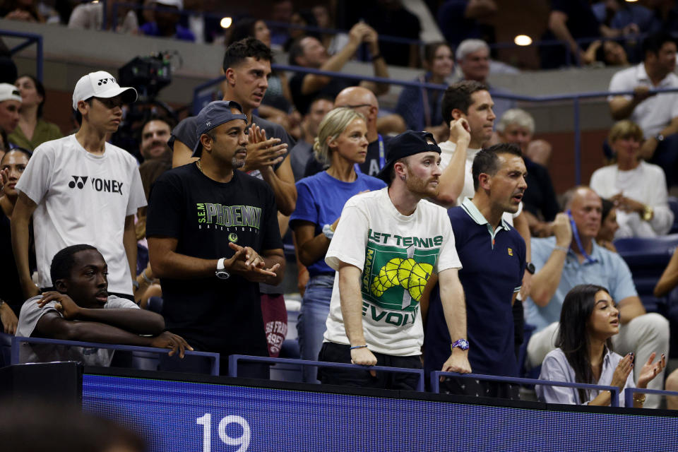 Members of Nick Kyrgios' box, pictured here looking on during his match against Daniil Medvedev at the US Open.