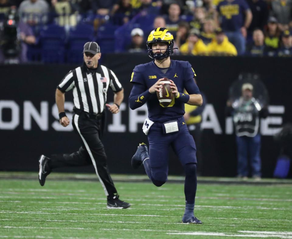 Michigan quarterback J.J. McCarthy looks to pass against Purdue during the first half of the Big Ten championship game on Saturday, Dec. 3, 2022, in Indianapolis.