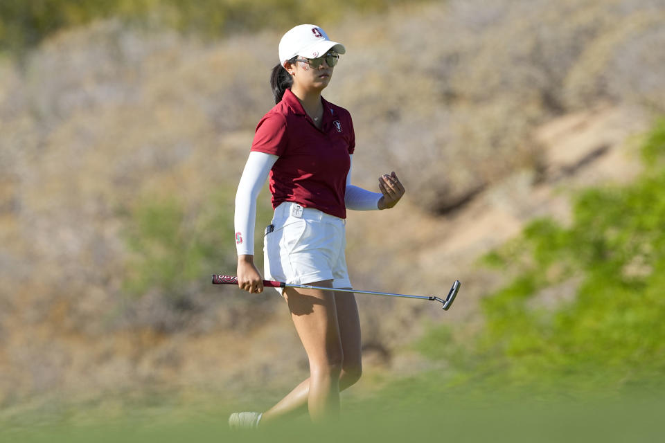 Stanford golfer Rose Zhang watches her shot miss the cup on the 16th green during the final round of the NCAA college women's golf championship at Grayhawk Golf Club, Monday, May 22, 2023, in Scottsdale, Ariz. (AP Photo/Matt York)