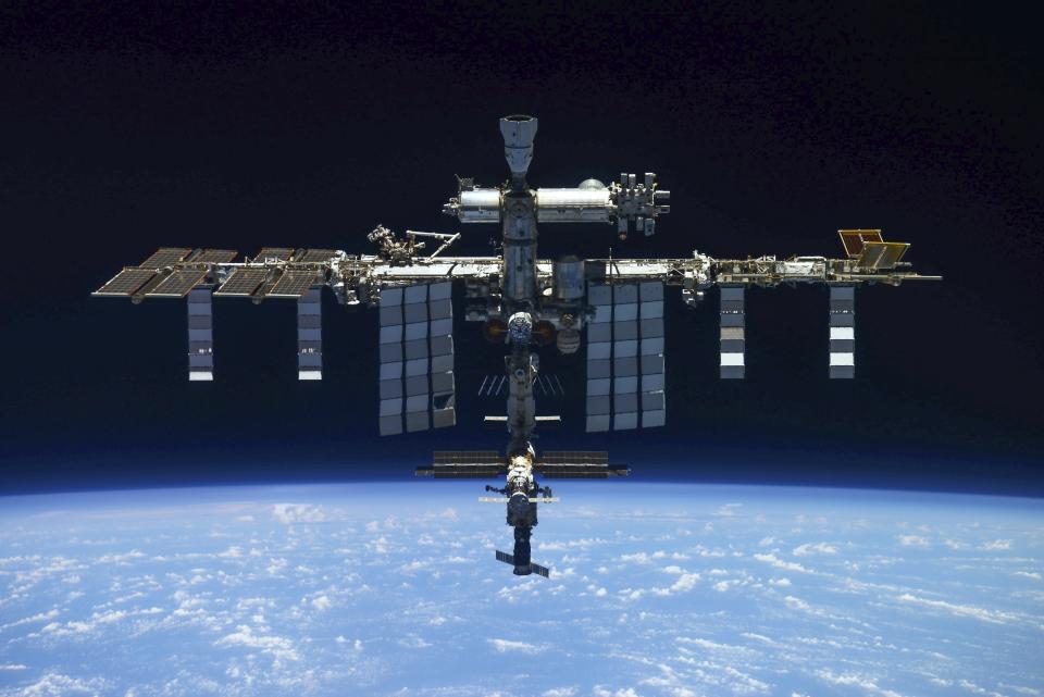 FILE - In this handout photo released by Roscosmos State Space Corporation, a view of the International Space Station taken on March 30, 2022 by crew of Russian Soyuz MS-19 space ship after undocking from the Station. Russia's space corporation Roscosmos said Monday Dec. 19, 2022 that a coolant leak from a Russian space capsule attached to the International Space Station doesn't require evacuation of its crew, but held the door open for launching a replacement capsule if needed. (Roscosmos State Space Corporation via AP, File)