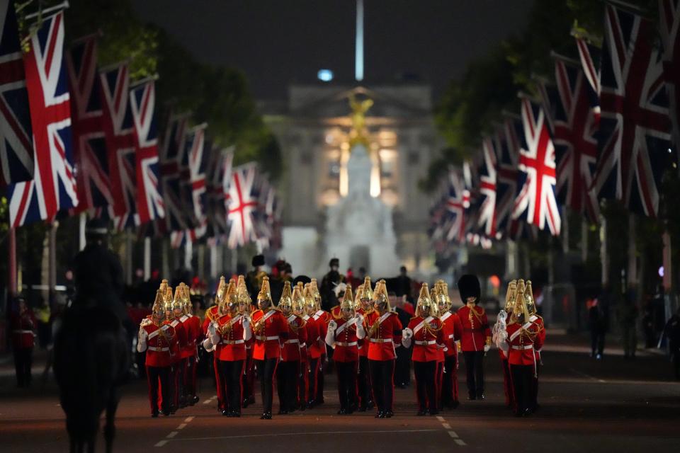 Ceremonial troops march from Buckingham Palace to the Palace of Westminster during a rehearsal (Getty Images)