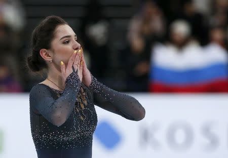 Figure Skating - ISU World Championships 2017 - Ladies Free Skating - Helsinki, Finland - 31/3/17 - Evgenia Medvedeva of Russia reacts after her performance. REUTERS/Grigory Dukor TPX IMAGES OF THE DAY