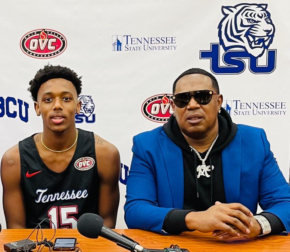 Hercy Miller, left, with his father hip-hop legend Master P., committed to play basketball Friday at Tennessee State.