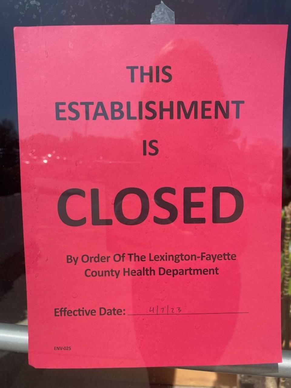 A notice on the door of Jin Jin Chinese Restaurant in Chinoe shopping center says it has been closed by the Lexington Fayette County Health Department.