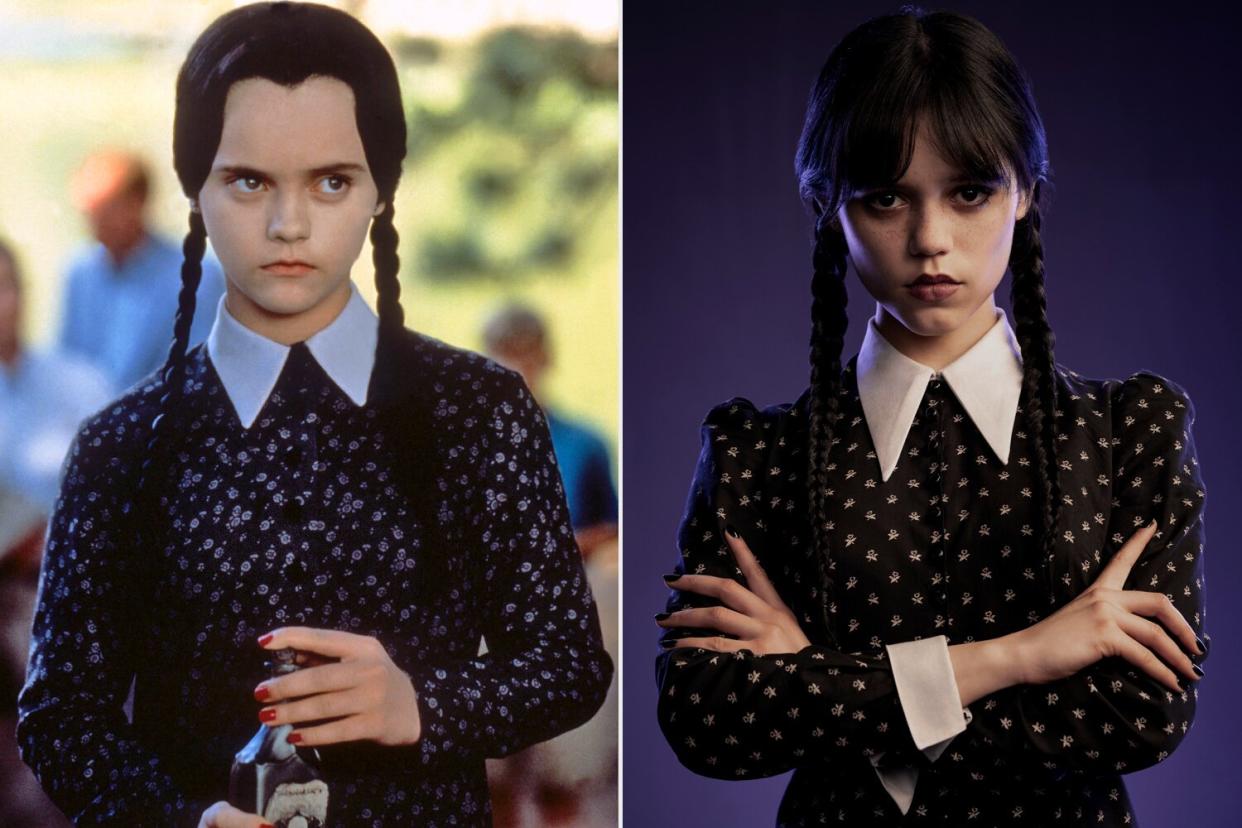 ADDAMS FAMILY VALUES US 1993 CHRISTINA RICCI Date 1993, Photo by: Mary Evans/PARAMOUNT PICTURES/Ronald Grant/Everett Collection; Wednesday. Jenna Ortega as Wednesday Addams in Wednesday. Cr. Matthias Clamer/Netflix © 2022